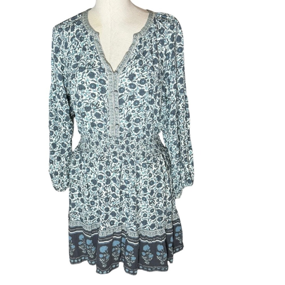Faherty Blue Floral Smocked Waist Mini Dress V-Neck Long Sleeve Large